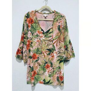 J Jill Dress Womens Medium Tropical Floral Bell Sleeve Tassel Tie Tunic Beachy